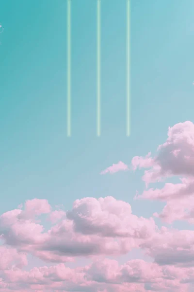 Aesthetic art collage with beautiful turquoise sky with pink clouds and lines of light. Concept of angel paradise