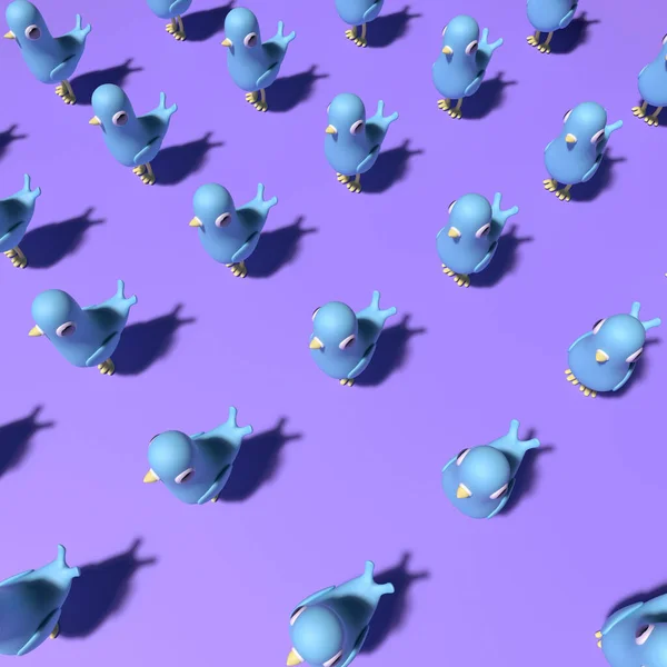 Abstract army style with blue birds characters with shadows on purple background. 3D rendering objects shape. Minimal pattern