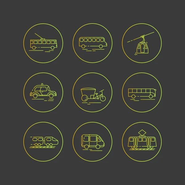 Genel şehir ulaşım. Karanlık bir arka plan düz vektör simgeleri.