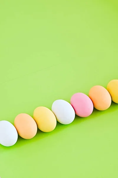 Row of colorful eggs on a greenery background — Stock Photo, Image