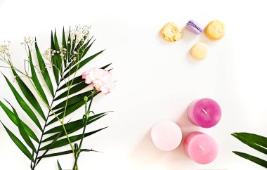 Blanknote, yeşil yaprakları, mum, çiçek, beyaz üzerine macaroons 