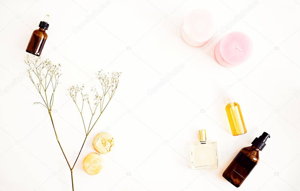 Flat lay for beauty blog, organic oils, cosmetics