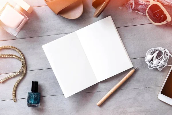 Woman Fashion Beauty Blogger Working Place Blank Notebook Gray Background — Stock Photo, Image