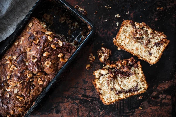 Slices Banana Bread Hazelnut Chocolate Loaf Cake Dark Food Photography — Stock Photo, Image