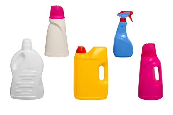 Set de recipiente din plastic multicolore pentru produse chimice de uz casnic , — Fotografie, imagine de stoc