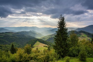 Gün batımında dağ manzarası. Karpat Dağları, Mizhhiria, U