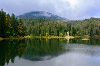Sonbahar günü Synevir yüksek irtifa göl manzarası. Leaf fall 