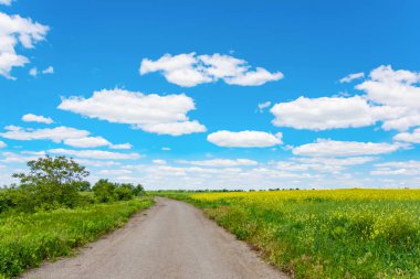 Manzara kırsal yol, alan, mavi gökyüzü ve bulutlar. Açık güneşli da