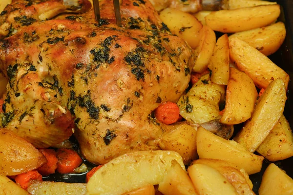 Horneado en el horno de pollo con patatas, zanahorias, hierbas y spic —  Fotos de Stock