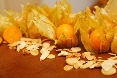 Physalis meyveleri ile dekore edilmiş lezzetli çikolatalı kek. 