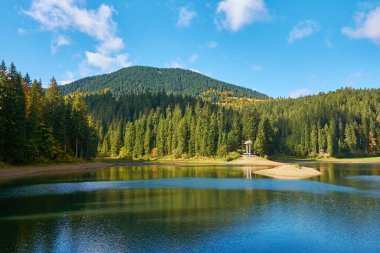 Sonbahar gününe kadar Synevir yüksek irtifa gölü manzarası. Yaprak düşer ormanlara, göle ve dağlara.