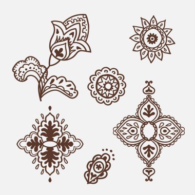 Mhendi. Kına dövme doodle vektör öğeleri beyaz arka plan üzerinde