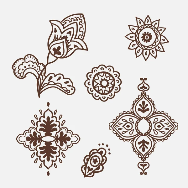 Mhendi. Henna tatuaje doodle vector elementos sobre fondo blanco — Vector de stock