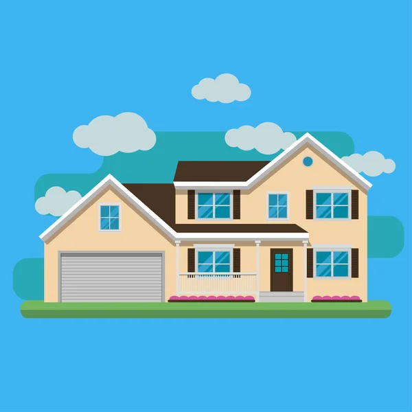 La imagen plana con la imagen de la casa con el garaje y los árboles. Casa suburbana americana. Casa de campo. Hogar familiar. Diseño plano vector ilustración . — Vector de stock