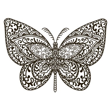 Kelebek. Hayvanlar. Elle çizilmiş doodle böcek. Etnik desenli vektör çizim. Afrika, Hint, totem, kabile, zentangle tasarım. Yetişkin renklendirme sayfa, dövme, posterler, yazdırma veya t-shirt için kroki.