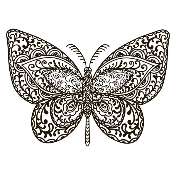 Motyl. Zwierzęta. Ręcznie rysowane doodle owadów. Etniczne wzory wektor ilustracja. Afryki, Indii, totem, tribal, zentangle projekt. Szkic dla dorosłych Kolorowanki Strona, tatuaż, plakaty, drukowania lub t-shirt. — Wektor stockowy