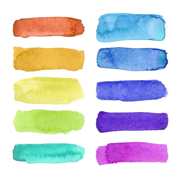 Arco-íris escova aquarela traço listras verdes isoladas em branco. Conjunto de listras grunge pintadas coloridas. Ilustração vetorial . — Vetor de Stock