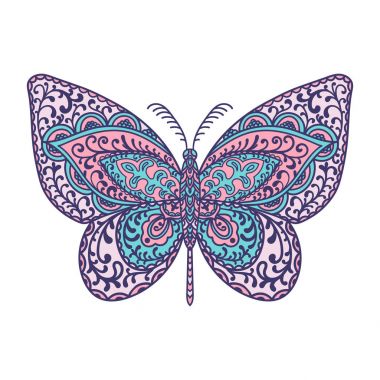 Kelebek. Hayvanlar. Elle çizilmiş doodle böcek. Etnik desenli vektör çizim. Afrika, Hint, totem, kabile, zentangle tasarım. Yetişkin renklendirme sayfa, dövme, posterler, yazdırma veya t-shirt için kroki.