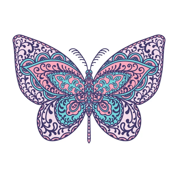Kelebek. Hayvanlar. Elle çizilmiş doodle böcek. Etnik desenli vektör çizim. Afrika, Hint, totem, kabile, zentangle tasarım. Yetişkin renklendirme sayfa, dövme, posterler, yazdırma veya t-shirt için kroki.