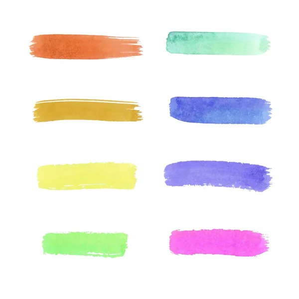 Regenbogen-Aquarellpinsel streicht grüne Streifen isoliert auf weiß. bunt bemalte Grunge-Streifen gesetzt. Vektorillustration. — Stockvektor