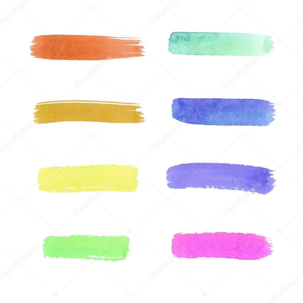 Rainbow watercolor brush stroke green stripes isolated on white. Colorful painted grunge stripes set. Vector illustration.