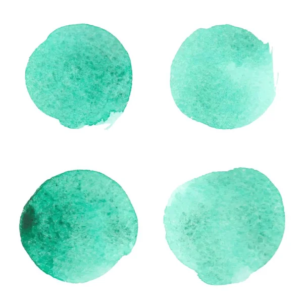 Manchas de aquarela verde com traços ásperos, pincel de curso e a textura da tinta. Isolado em fundo branco, ilustração vetorial — Vetor de Stock