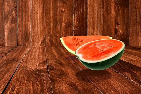 Vatten Melon Skiva Mörkt Trä — Stockfoto