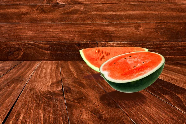 Vatten Melon Skiva Mörkt Trä — Stockfoto