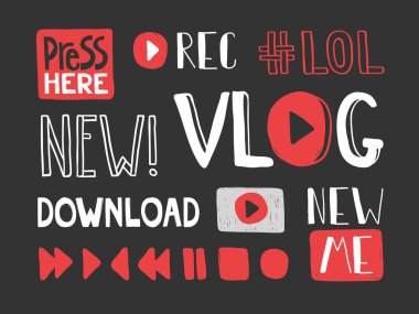 İşte, bas, düğmeye bas, vlog, yükle, yeni, ben, lol, hashtag, kayıt. Sosyal medya içeriği etiketi. Vektör el çizilmiş koleksiyon çizimi tasarımı. 