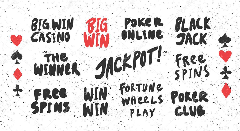Big, win, casino, jackpot, black, jack, poker, club, fortune, free, spins. Vector hand drawn sticker collection illustration with cartoon lettering. 