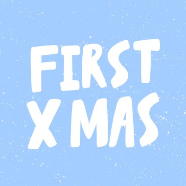 İlk Noel. Xmas ve mutlu yeni yıl vektör eli çizgi roman harfleriyle illüstrasyon pankartı çizdi. 