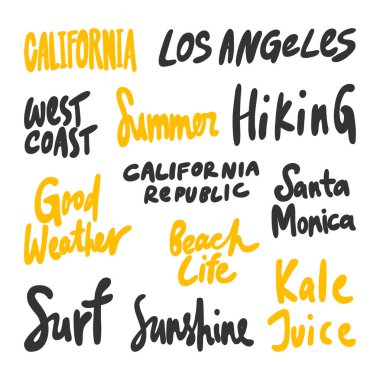 Kaliforniya, Los Angeles, Batı, Sahil, Yaz, Yürüyüş, Sörf, Günışığı, Lahana, Meyve Suyu, Santa, Monica. Çizgi film harfleriyle çizilmiş vektör el çizimi koleksiyonu. 