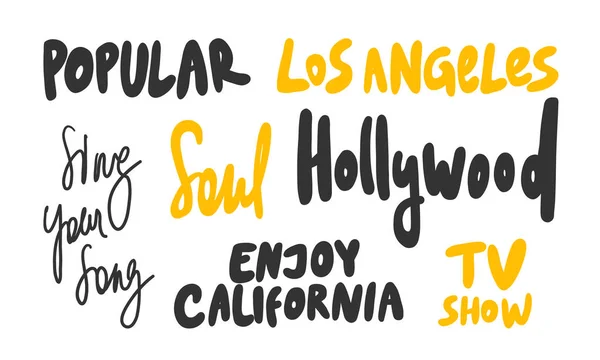 Populär, los angeles, usa, genießen, kalifornien, singen, Ihre, song, soul, fernsehen, show. Vektor handgezeichnete Illustration Sammlung Set mit Cartoon-Schriftzug. — Stockvektor