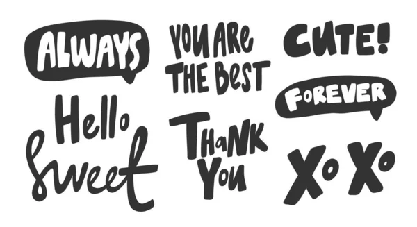 항상, 최고, 최고, 달콤 한, 감사합니다 . XO XO, 영원히, 귀엽네요. 만화 글자가 적힌 벡터 손 그림 모음 집. — 스톡 벡터