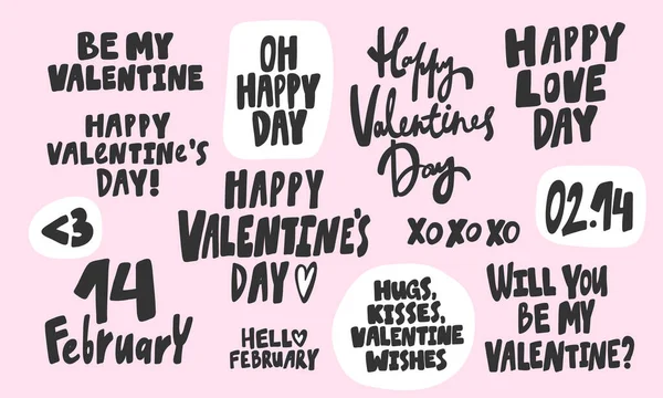 Valentín, feliz, amor, día, 14, febrero, será, será, rosa. Colección de ilustración dibujada a mano vectorial con letras de dibujos animados . — Vector de stock