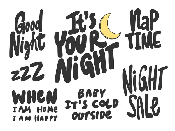 Noite, bom, sono, venda, sesta, frio, fora. Coleção de ilustrações desenhadas à mão vetorial com letras de desenhos animados . — Vetor de Stock
