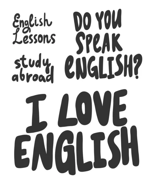 Love, English, speak, abroad, lessons. Vector hand drawn illustration collection set with cartoon lettering. — ストックベクタ