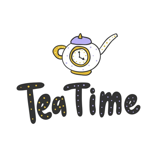 Hora do chá, cafeteira. Adesivo para conteúdo de mídia social. Design de ilustração desenhada à mão vetorial . — Vetor de Stock