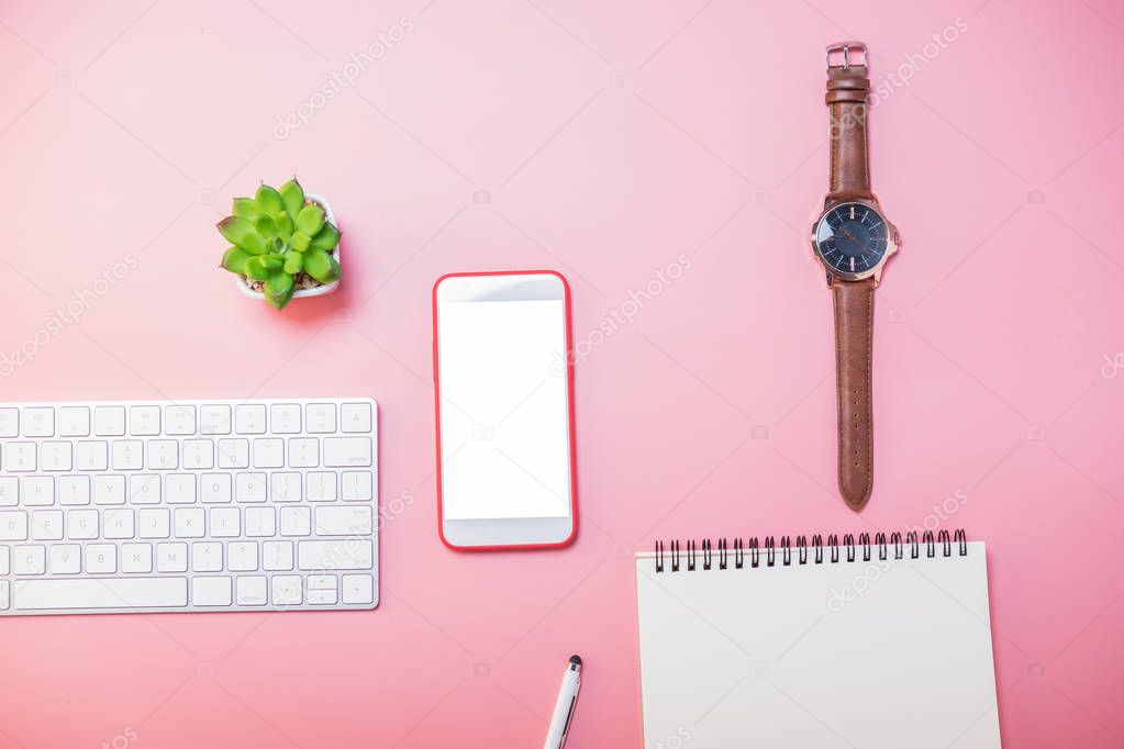 Creative flat lay of workspace desk, office stationery and lifestyle objects on pink background with copy space