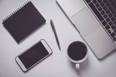  İş alanı, ofis masası, metin için kopyalama alanı, Üst görünüm