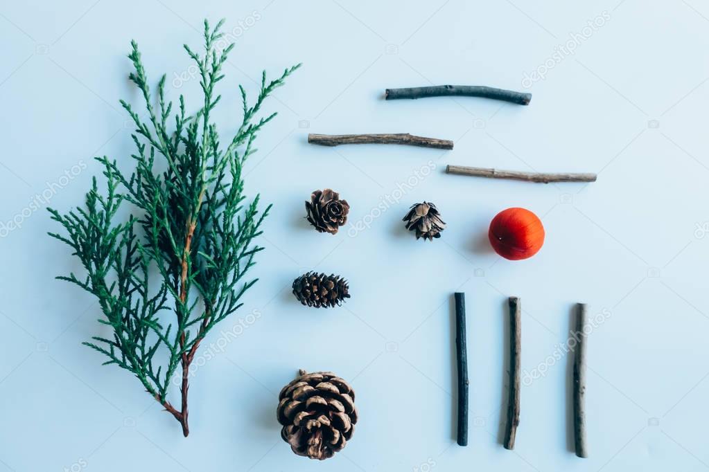 Creative layout made of Christmas decorations. Flat lay. Nature concept
