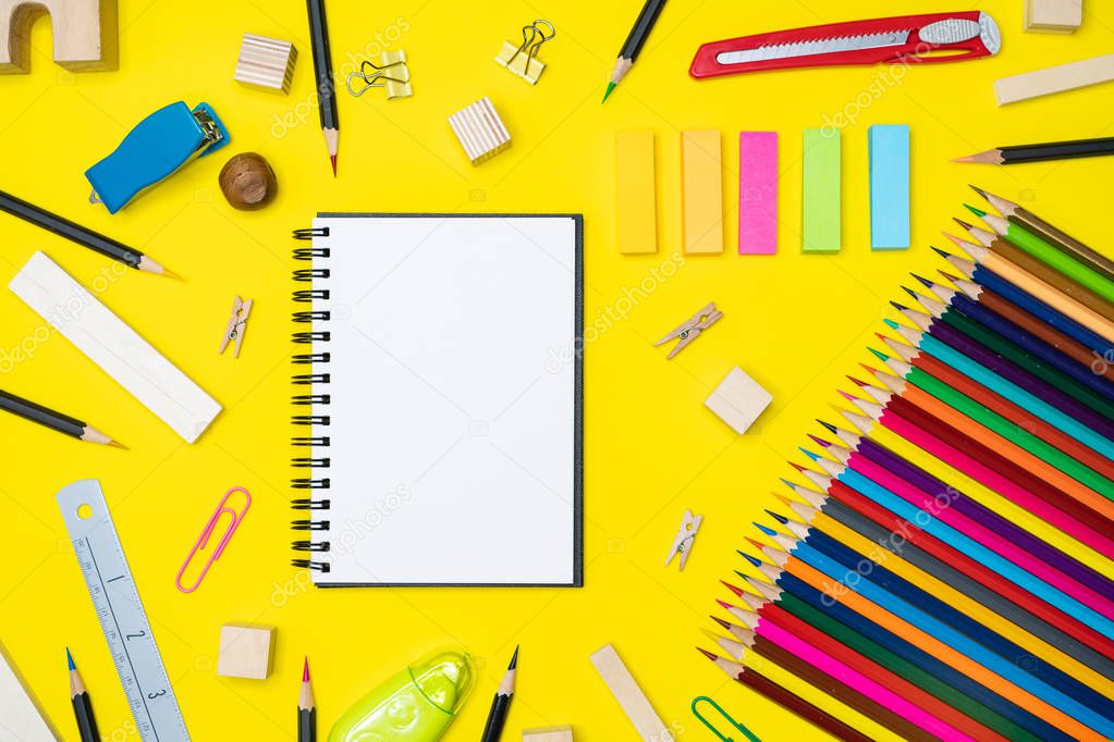 Minimal work space  Colorful background with many crayons, Top view flat lay