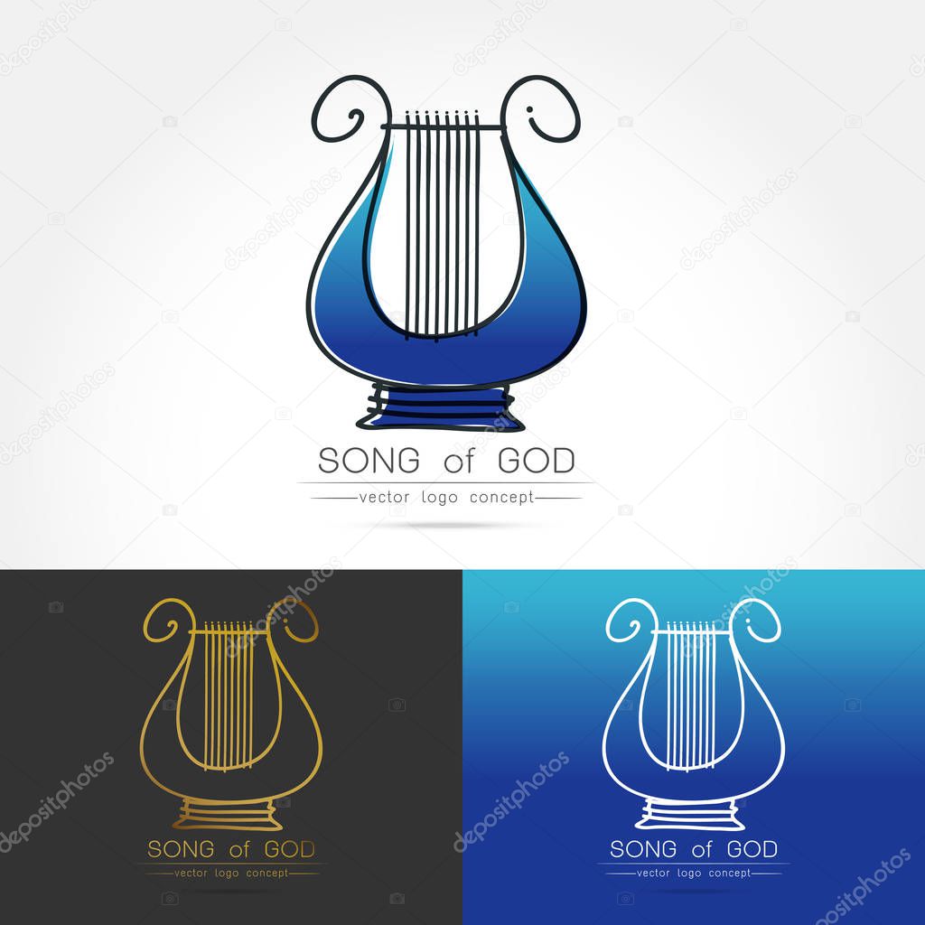 Modern linear thin flat design. The stylized image of lyre logo. classic music festival logo Template for covers, logo, posters, invitations,Modern art thin line of the classical lyre icon