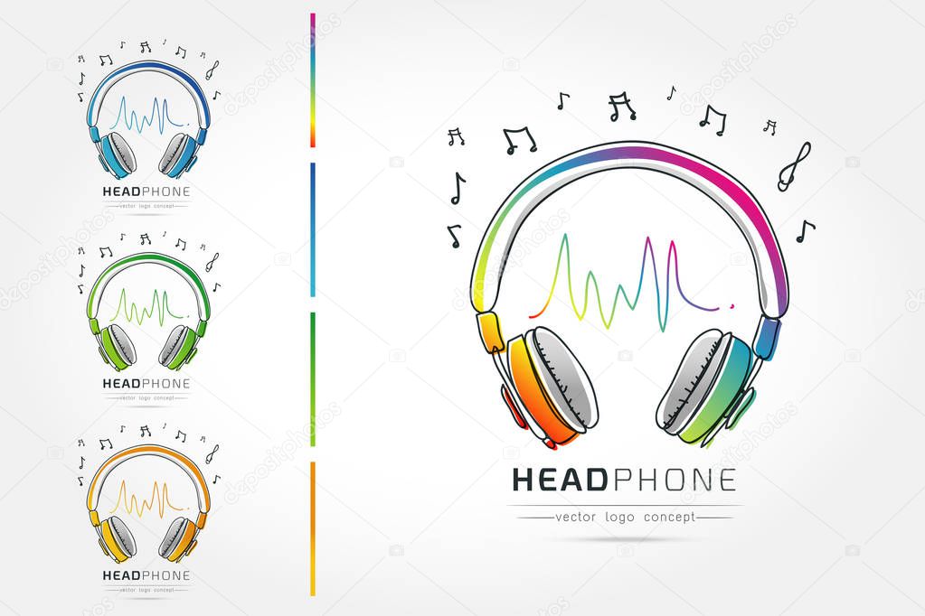 Modern linear thin flat design. The stylized image of Headphone. music festival logo Template for covers, logo, posters, invitations on white background Vector illustration