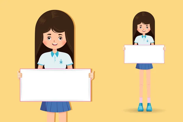 Linda niña estudiante sosteniendo banner — Vector de stock