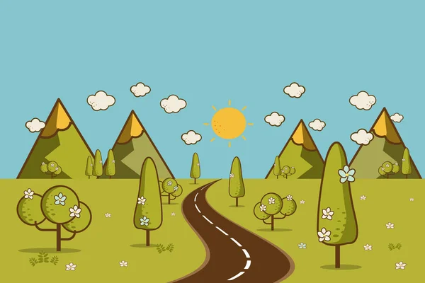Silnice v zeleném údolí, hory, kopce, mraky a slunce na sk — Stockový vektor