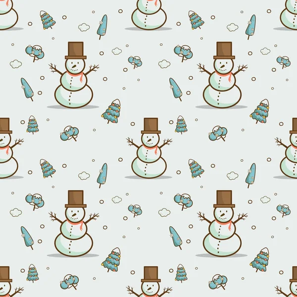 Χριστούγεννα χωρίς ραφή πρότυπο με χιονάνθρωπο και χριστουγεννιάτικο δέντρο — Διανυσματικό Αρχείο