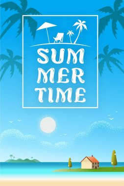 Beach villa ile deniz seyahat acentaları için güzel dikey otel seaside kavram metin. Yaz vektör doku stil konsept illüstrasyon sunar.