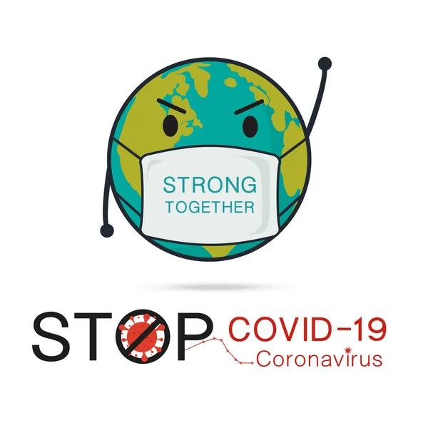 Let Stop Covid Coronavirus Dalam Karakter Kartun Planet Bumi Mengenakan - Stok Vektor