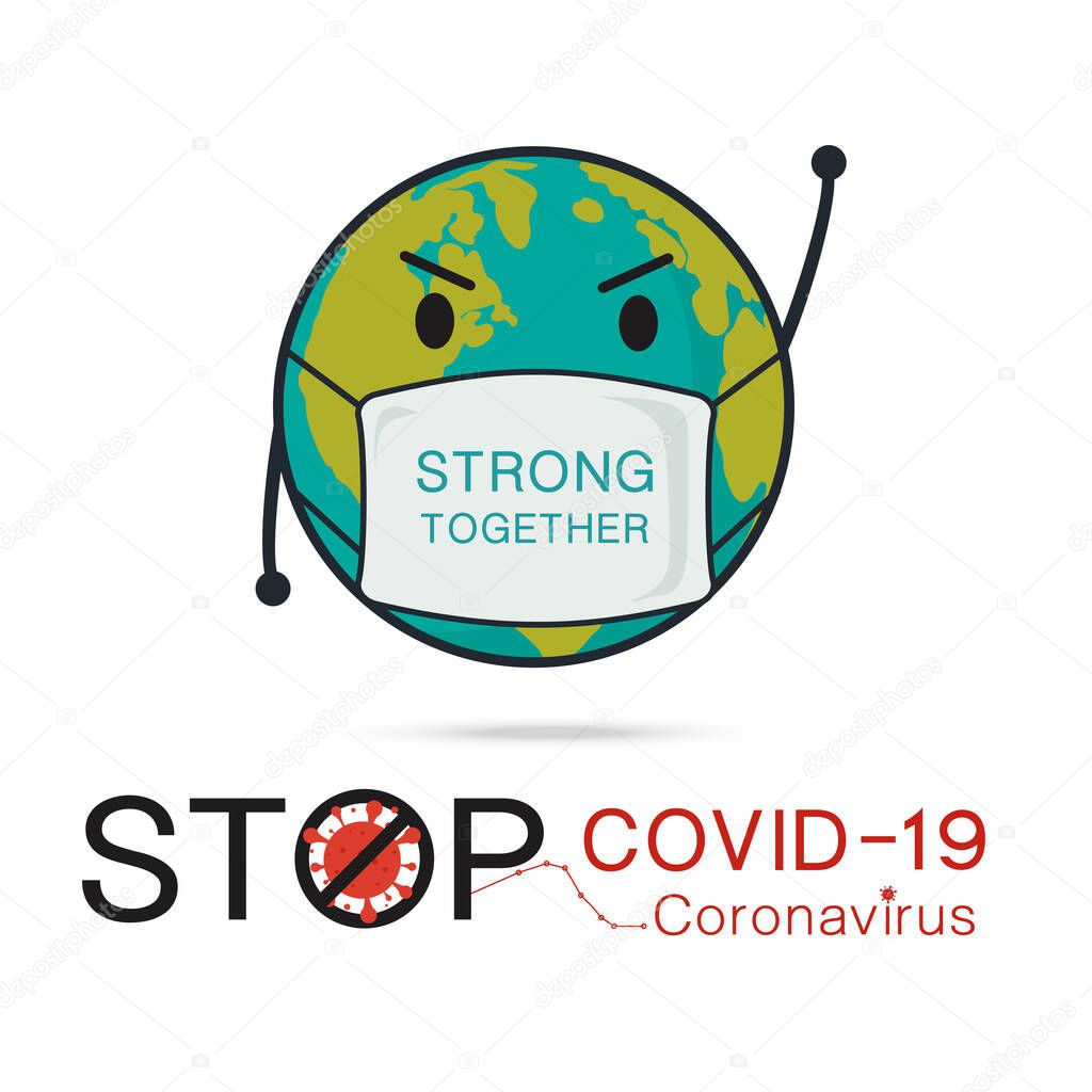 Let's Stop COVID-19, coronavirus in cartoon character of Planet earth wearing pollution mask concept for air quality vector illustration.